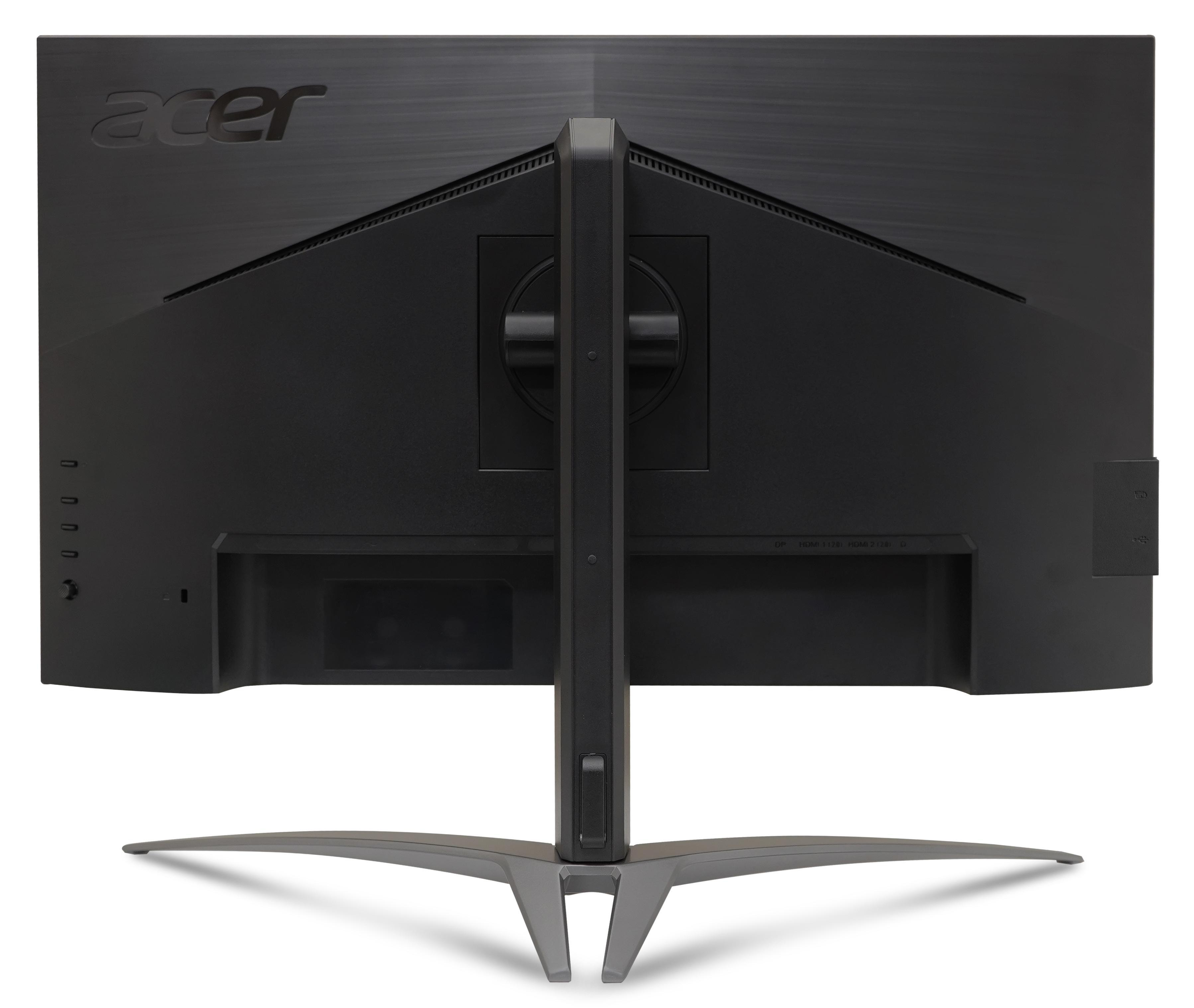 Rückansicht eines schwarzen Computermonitors mit Acer-Logo und Standfuß.