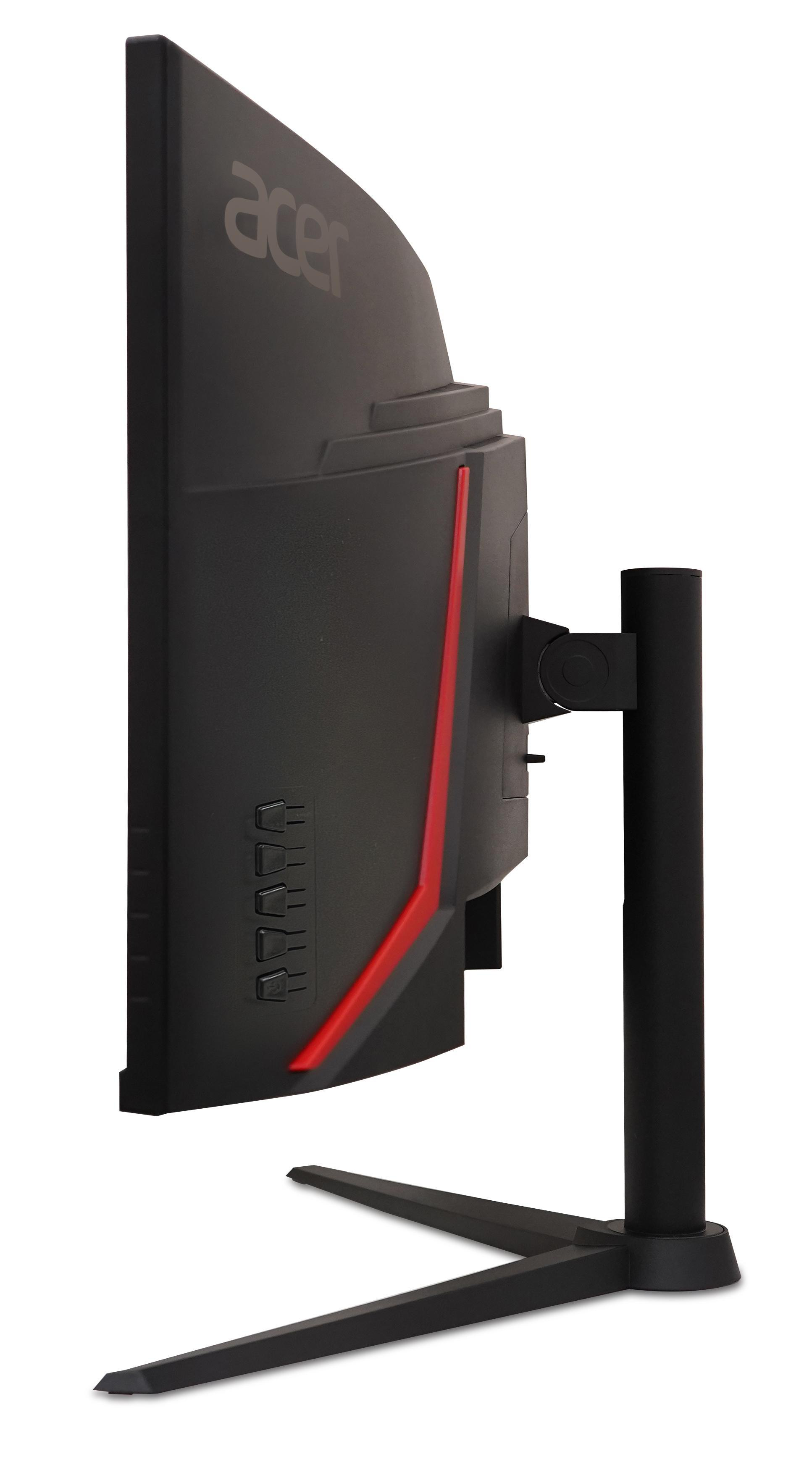 Schwarzer Acer-Monitor, Seitenansicht, roter Akzent, schwarzer Ständer, abgewinkelt. Weißer Hintergrund.