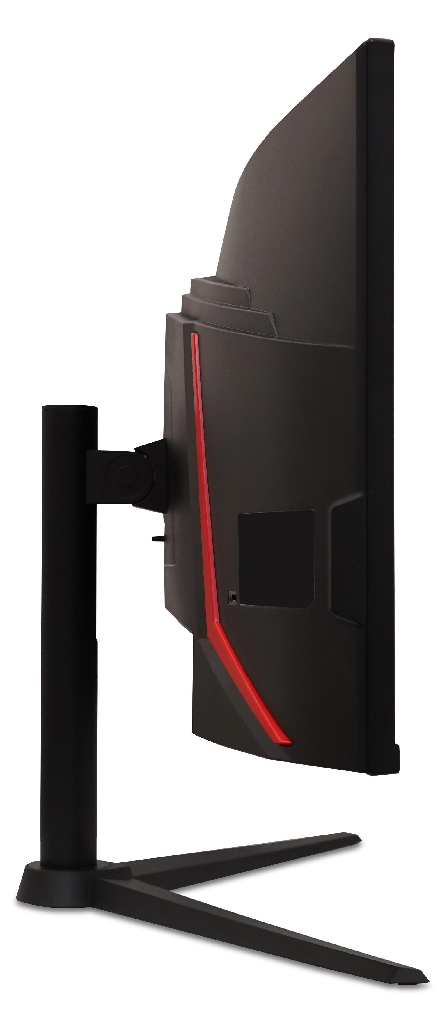 Gebogener Gaming-Monitor, schwarz mit roten Akzenten. Seitenansicht, mit schwarzem Ständer.