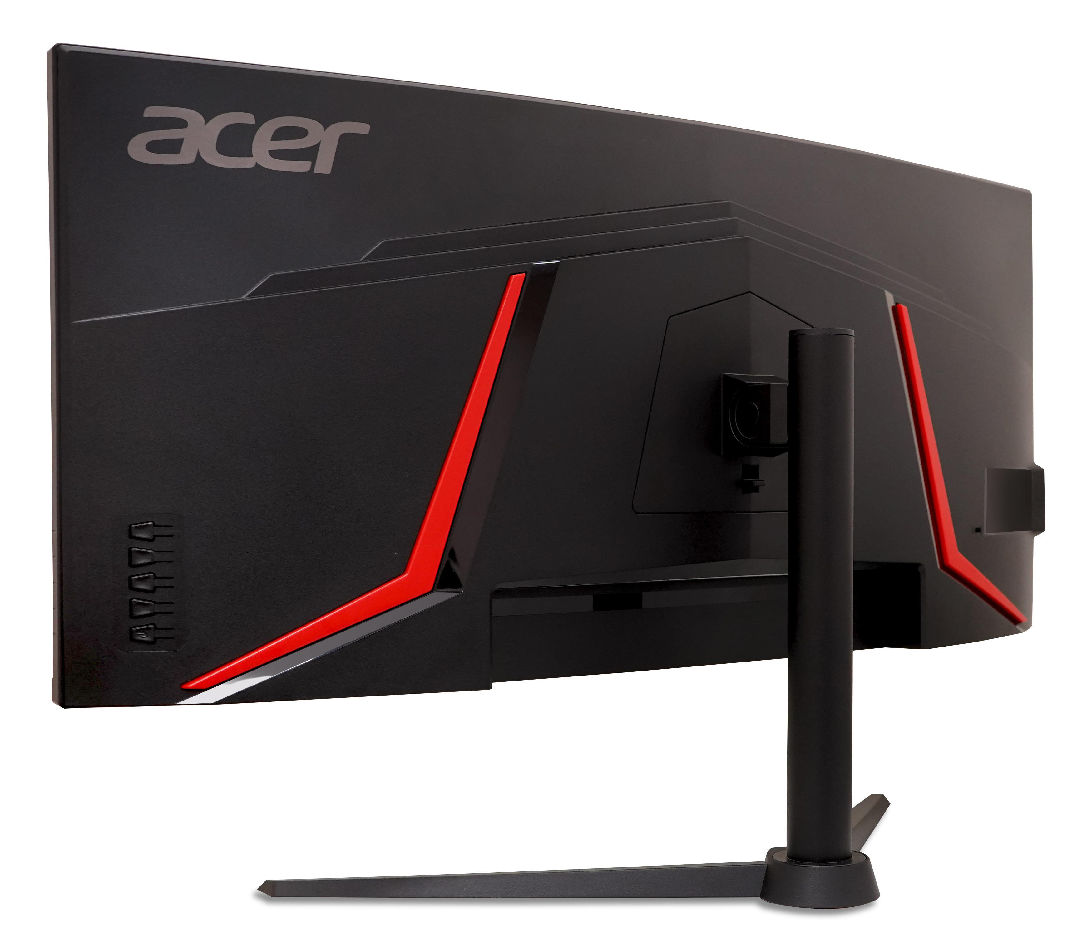 Schwarzer Acer-Monitor. Rote Akzente auf der Rückseite. Der Ständer ist schwarz, mit schwarzem Fuß. Weißer Hintergrund.