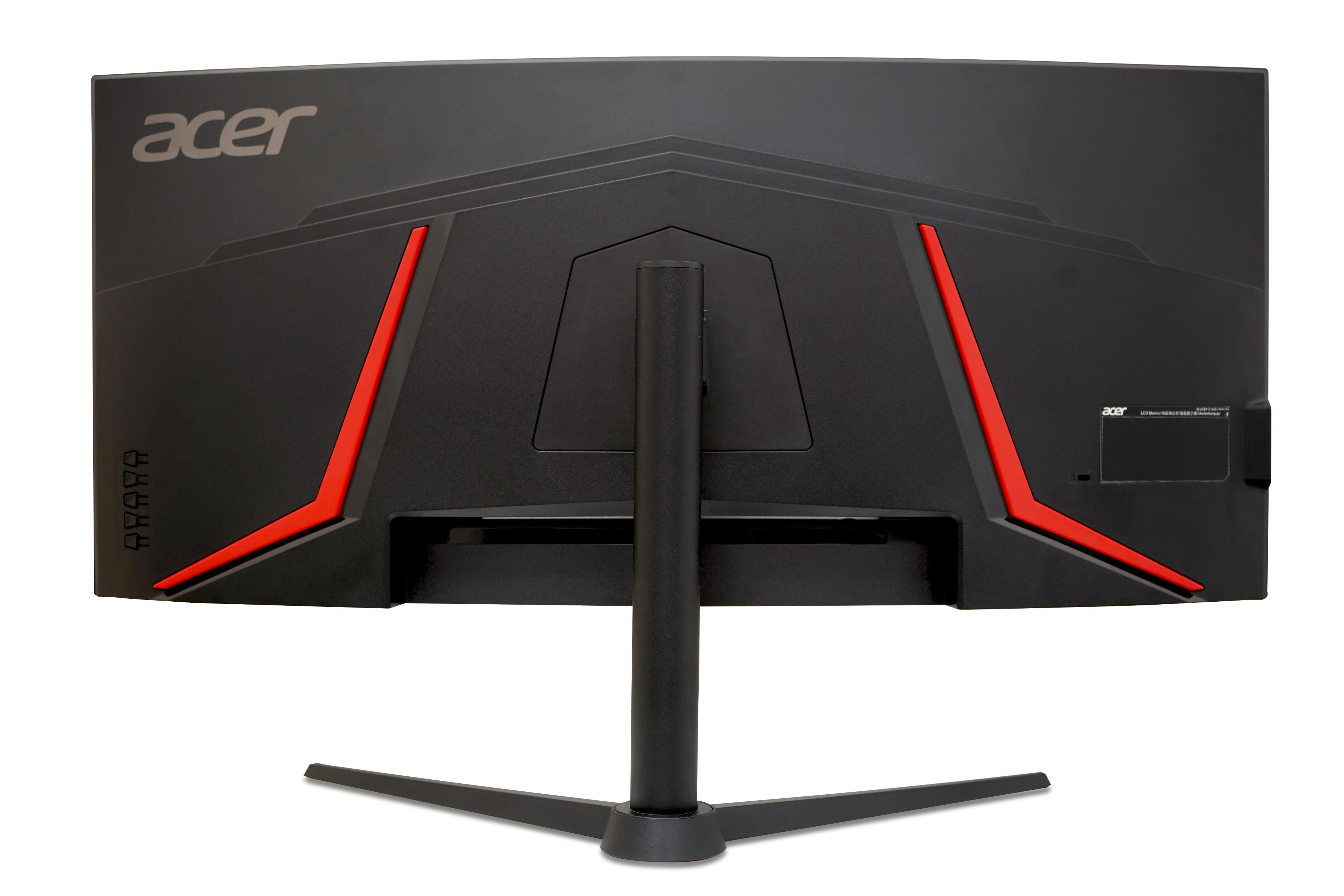 Rückseite eines schwarzen und roten Acer-Monitors mit Ständer und Logo.