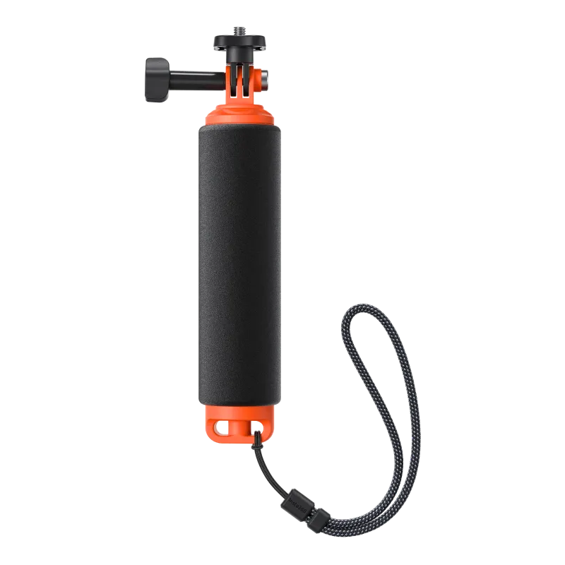 GoPro-Griff/Griff. Orange und schwarz, mit schwarzer Handschlaufe. Schwarzer Hintergrund.