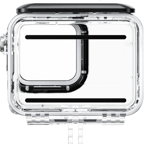Custodia trasparente e rettangolare per fotocamera GoPro, con due grandi ritagli rettangolari e sfondo nero.