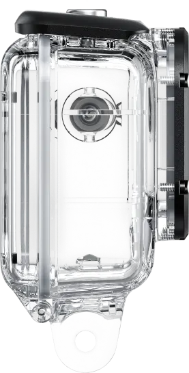 Una custodia trasparente per una fotocamera, che mostra la fotocamera all'interno. Vista laterale.