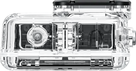 Alloggiamento per fotocamera impermeabile trasparente e trasparente. Mostra i componenti interni della fotocamera.