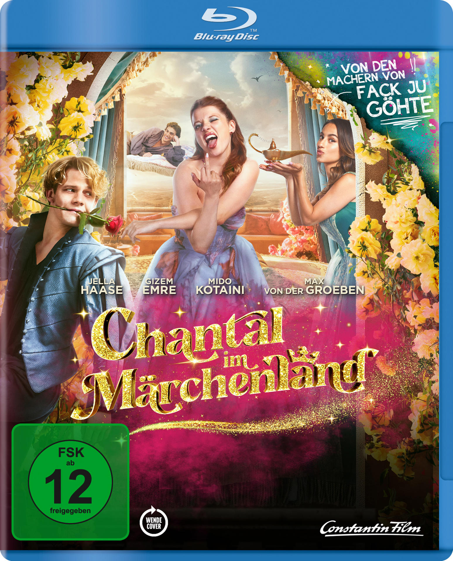 Blu-ray-Cover: Drei Personen, Titel: Chantal im Märchenland, FSK 12, und eine Lampe.