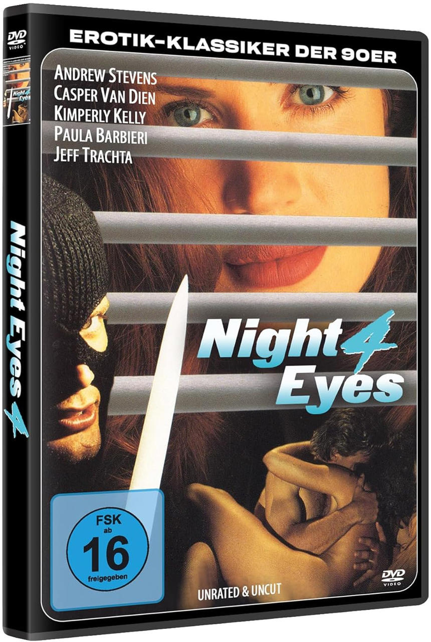 DVD-Cover: Gesicht einer Frau hinter Jalousien, ein Krimineller und ein Paar. Titel 'Night 4 Eyes'.