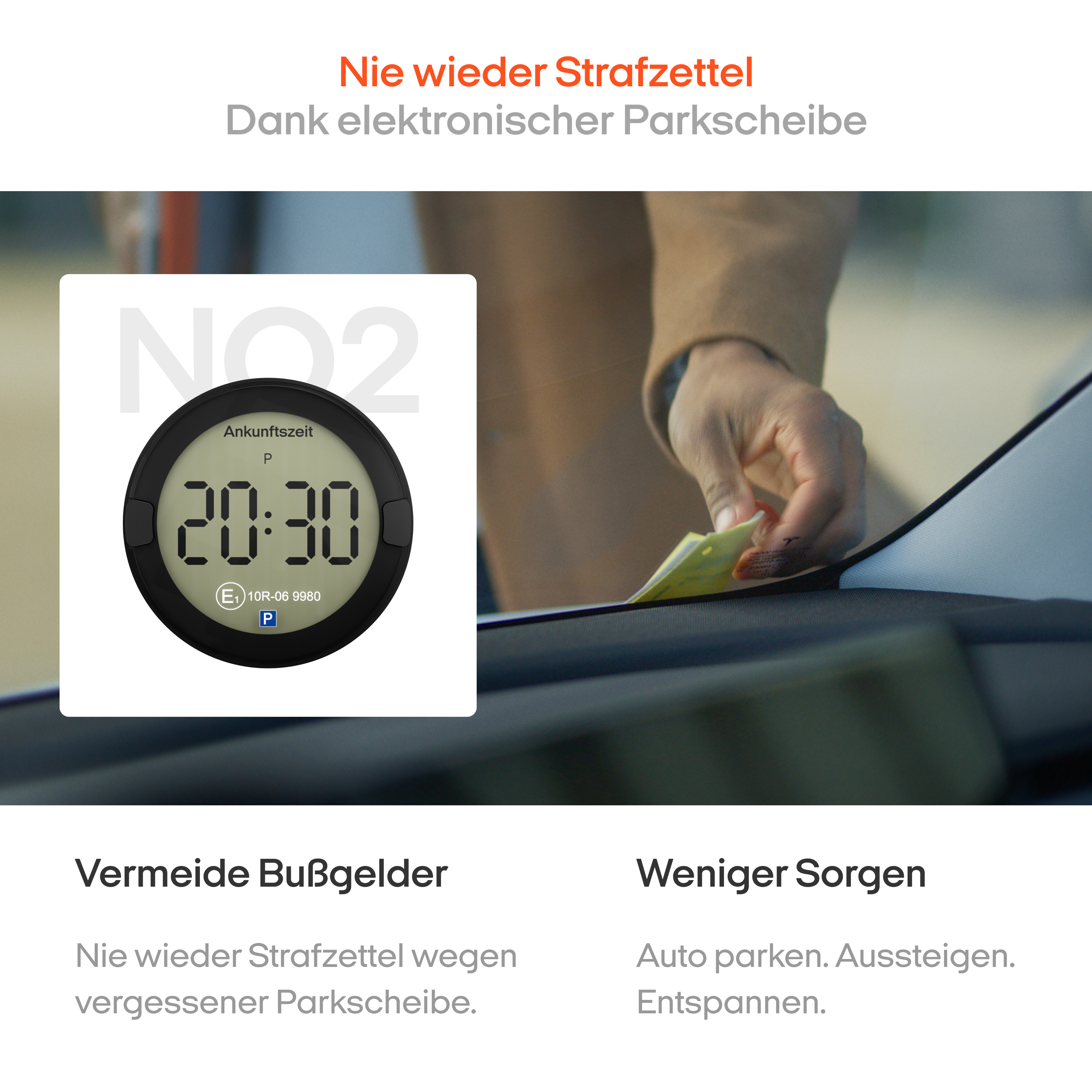 Ein digitaler Parkuhr auf dem Armaturenbrett eines Autos mit Text.