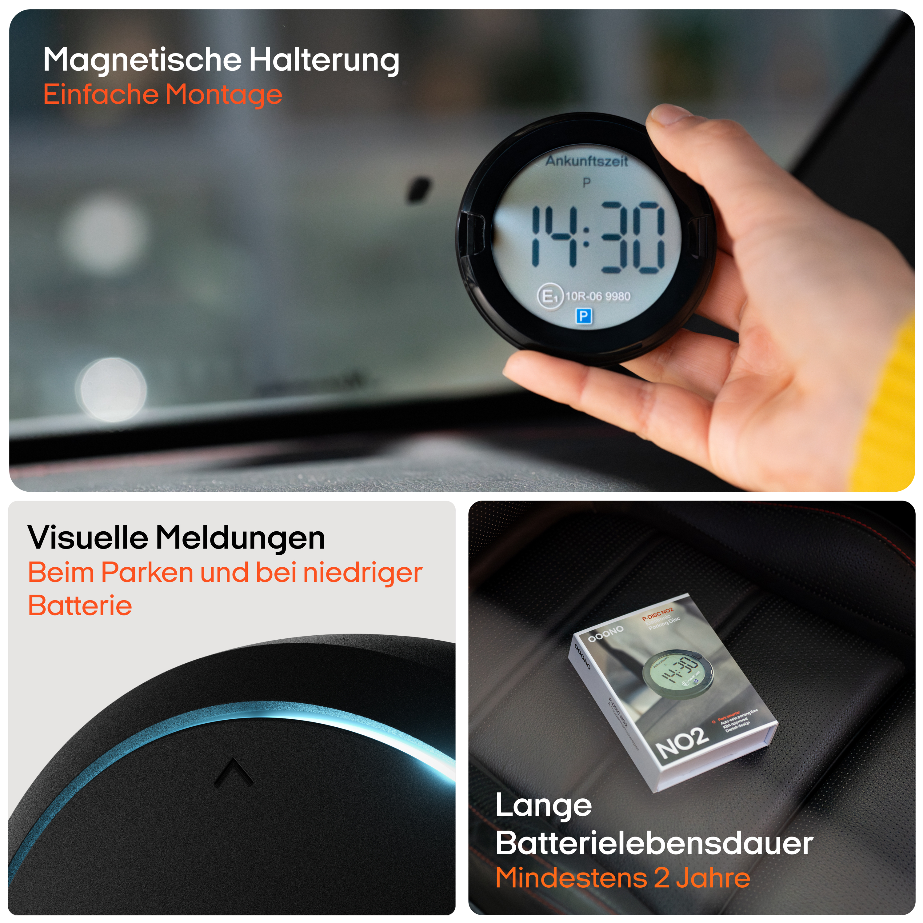 Uhr mit 14:30. Text: Magnetische Halterung, visuelle Warnungen, lange Akkulaufzeit.