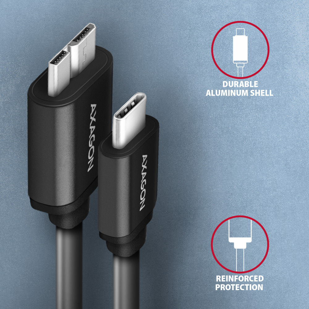 Két fekete USB-C kábel. Az egyik egy USB-C porthoz van csatlakoztatva. A szöveg AXAGON.