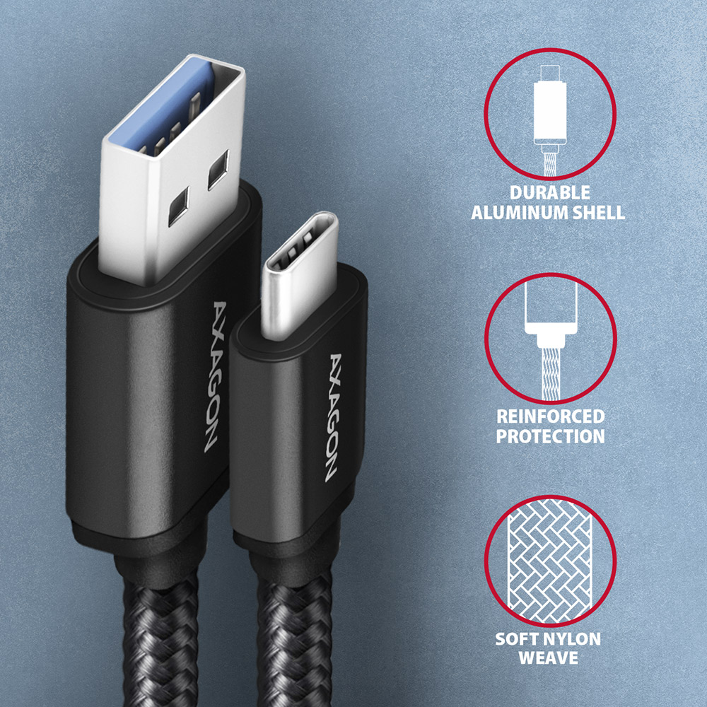 Fekete és ezüst Axagon USB kábelek a termék jellemzőinek részletes illusztrációival.