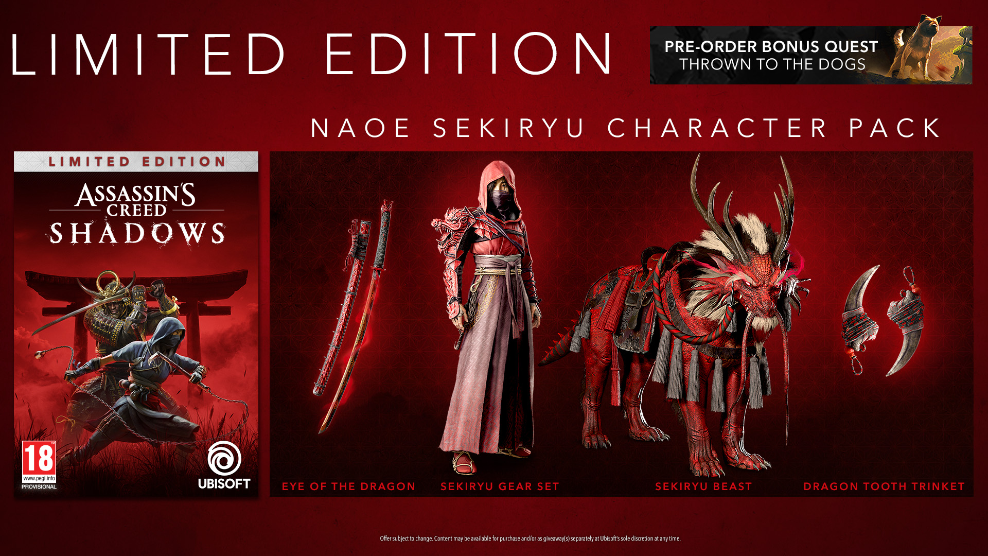 Egy limitált kiadású Assassin's Creed Shadows játékkazetta és karaktercsomag.