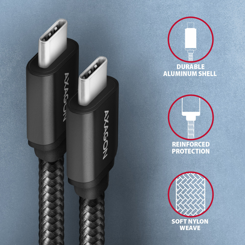 Két fekete USB-C kábel Axagon márkajelzéssel és védelmi funkciókkal.