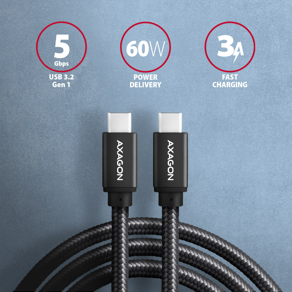Két fekete USB-C kábel, energiatovábbítás és gyorstöltés ikonokkal. Kék háttér, szöveggel.