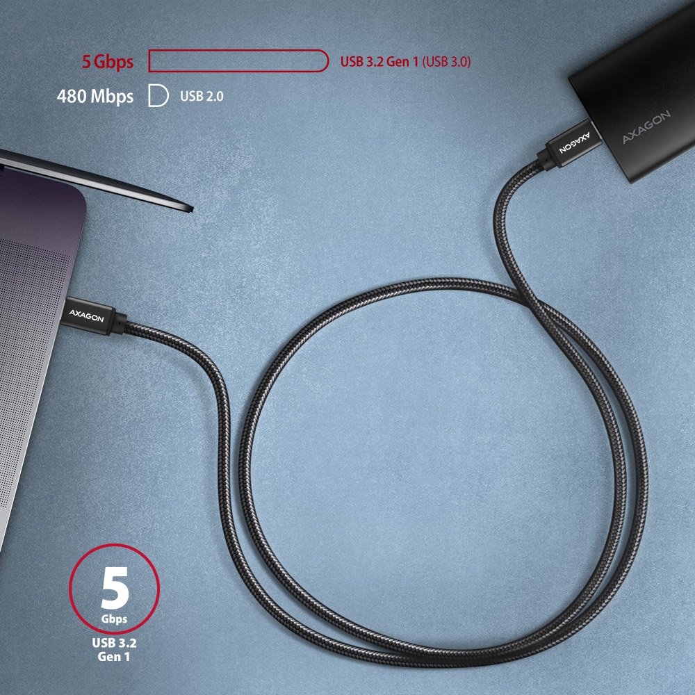 Laptop USB-kábellel csatlakoztatva, feliratokkal.