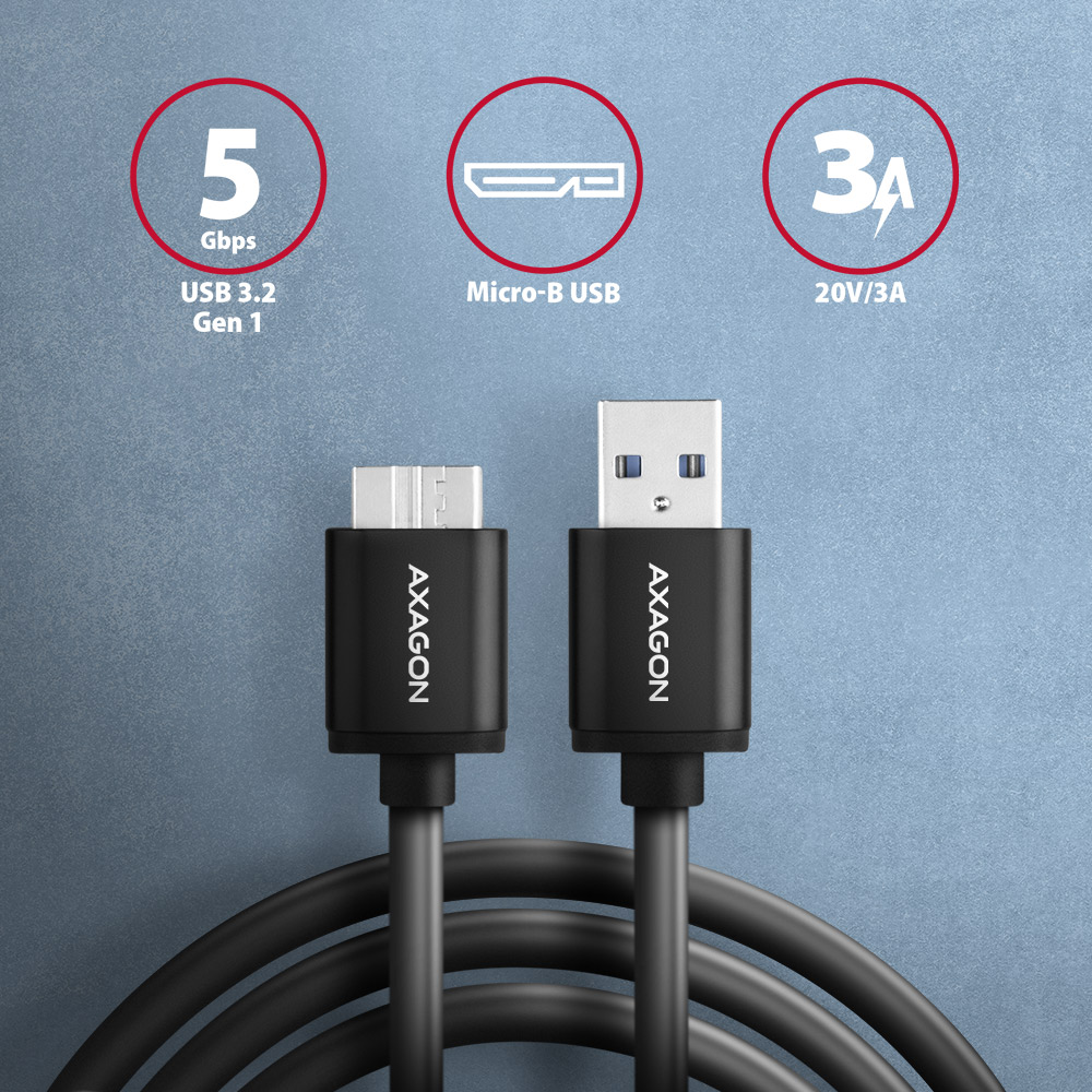 Két fekete USB kábel, AXAGON logóval. Infografika: 5 Gbps, Micro-B USB, 20V/3A.