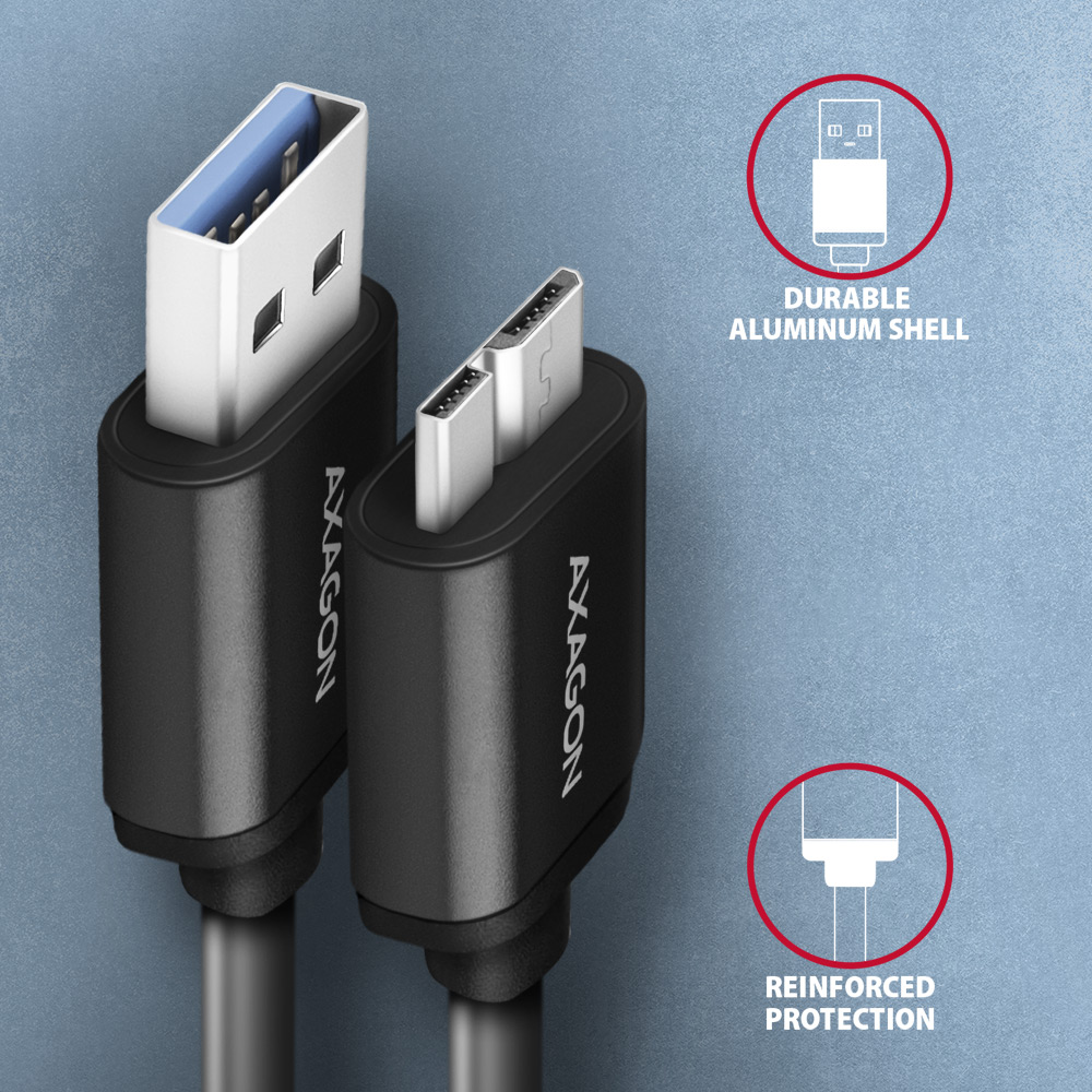 Két fekete USB-kábel különböző csatlakozókkal, Axagon felirattal. Az egyik USB-A, a másik USB-C.