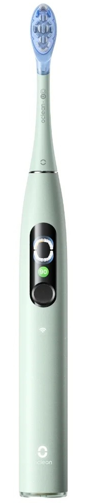 Jasnozielona elektryczna szczoteczka do zębów z niebieską główką, na białym tle.