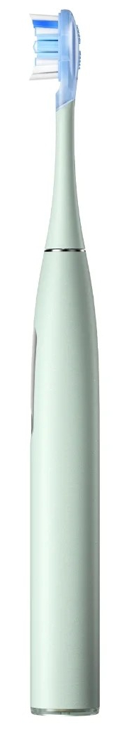 Jasnozielona elektryczna szczoteczka do zębów, z niebieskim włosiem, na białym tle.