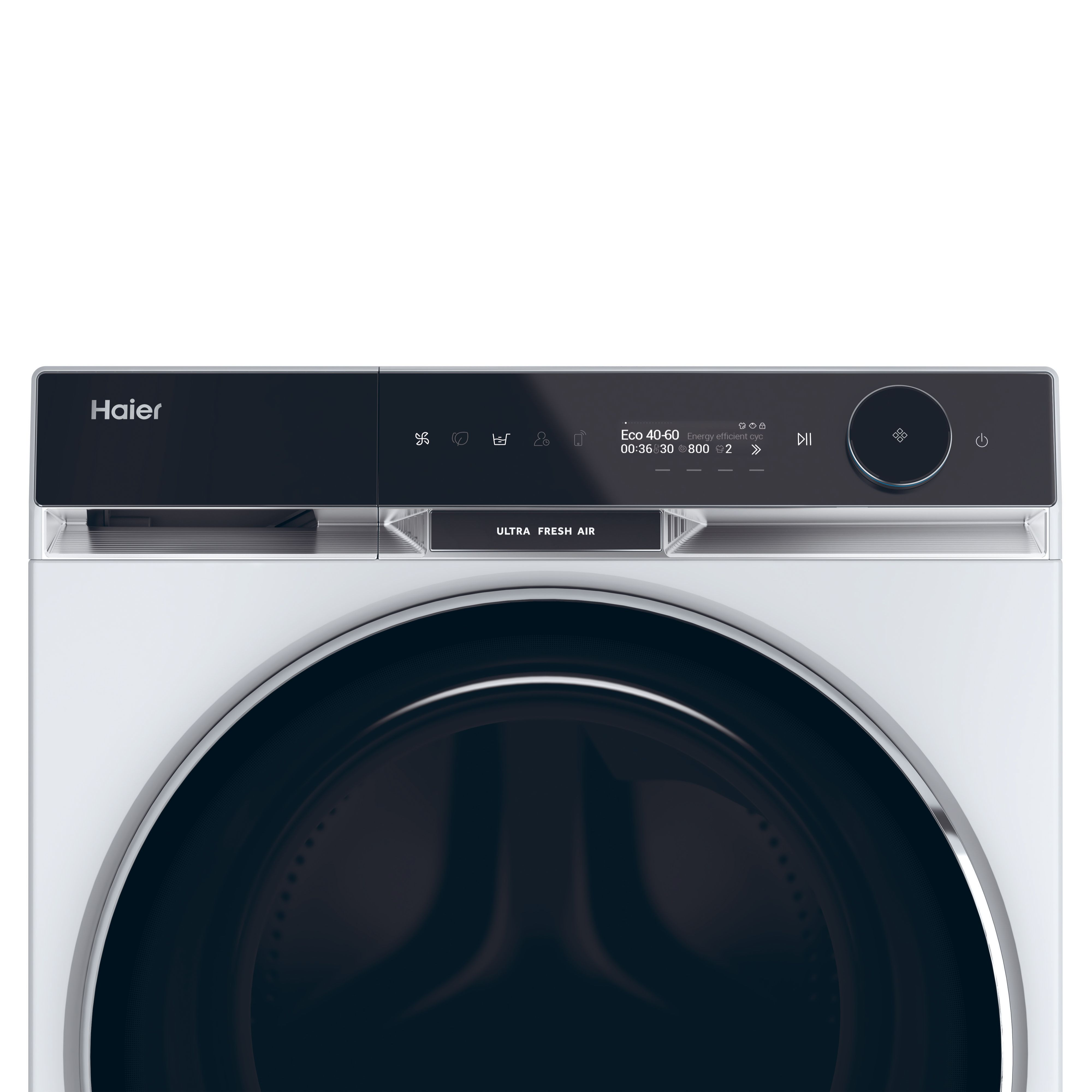 Una secadora blanca con un panel de control negro en la parte superior, que muestra una pantalla y botones. Limpia.