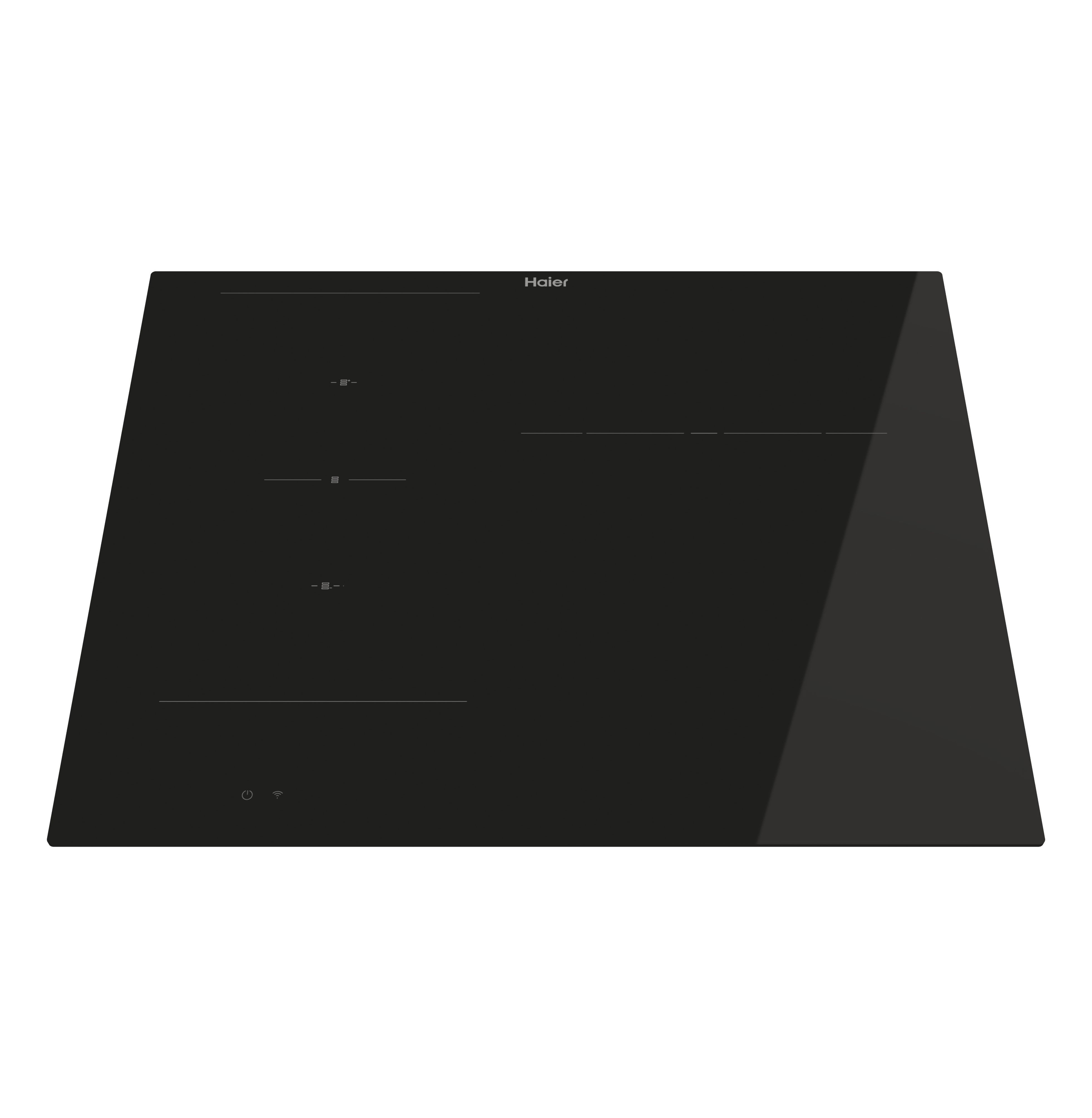 Placa de inducción Haier de cristal negro. Cuatro fuegos con controles táctiles y el logotipo de Haier arriba.