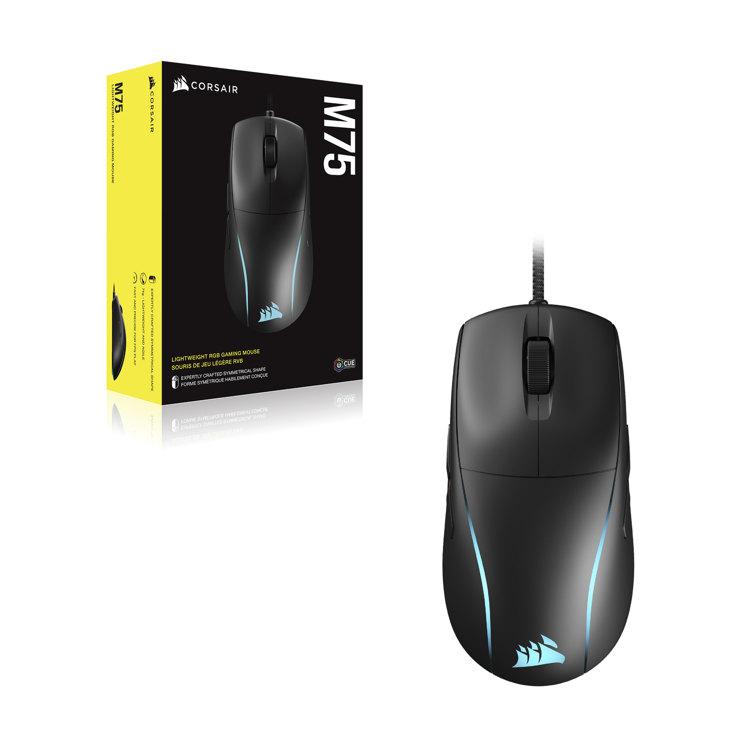Black gaming mouse with blue accents and a box. The box says M75 and Corsair.
