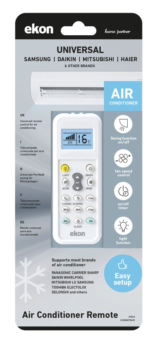 Pilot do klimatyzacji na opakowaniu. Pokazuje przyciski i ikony funkcji.
