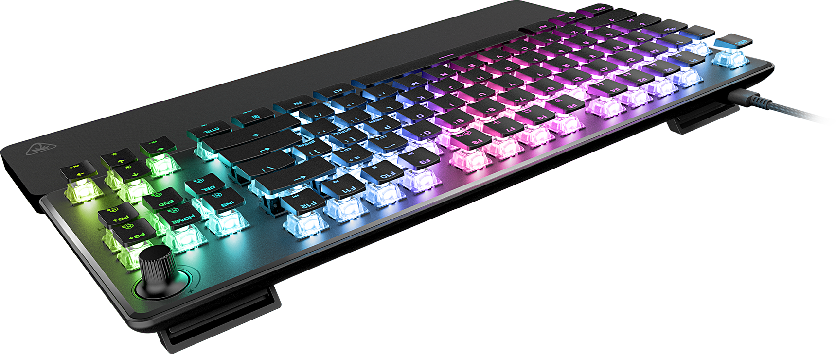 Schwarze Gaming-Tastatur mit beleuchteten Tasten. Auf der linken Seite ein Drehregler.