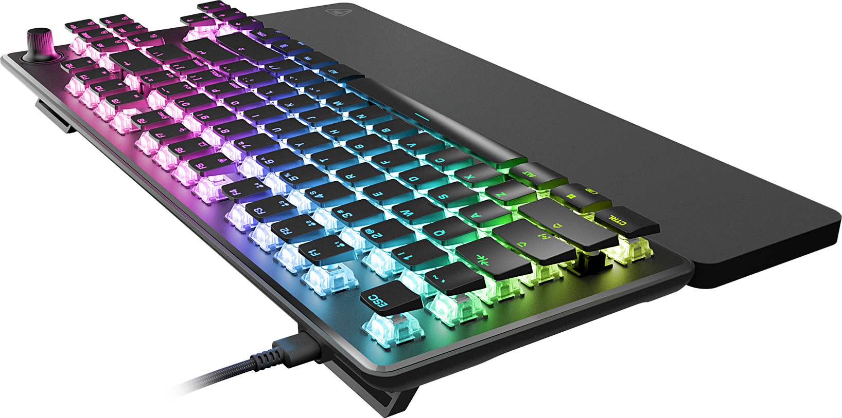 Beleuchtete mechanische Tastatur mit RGB-Lichtern und Handballenauflage.