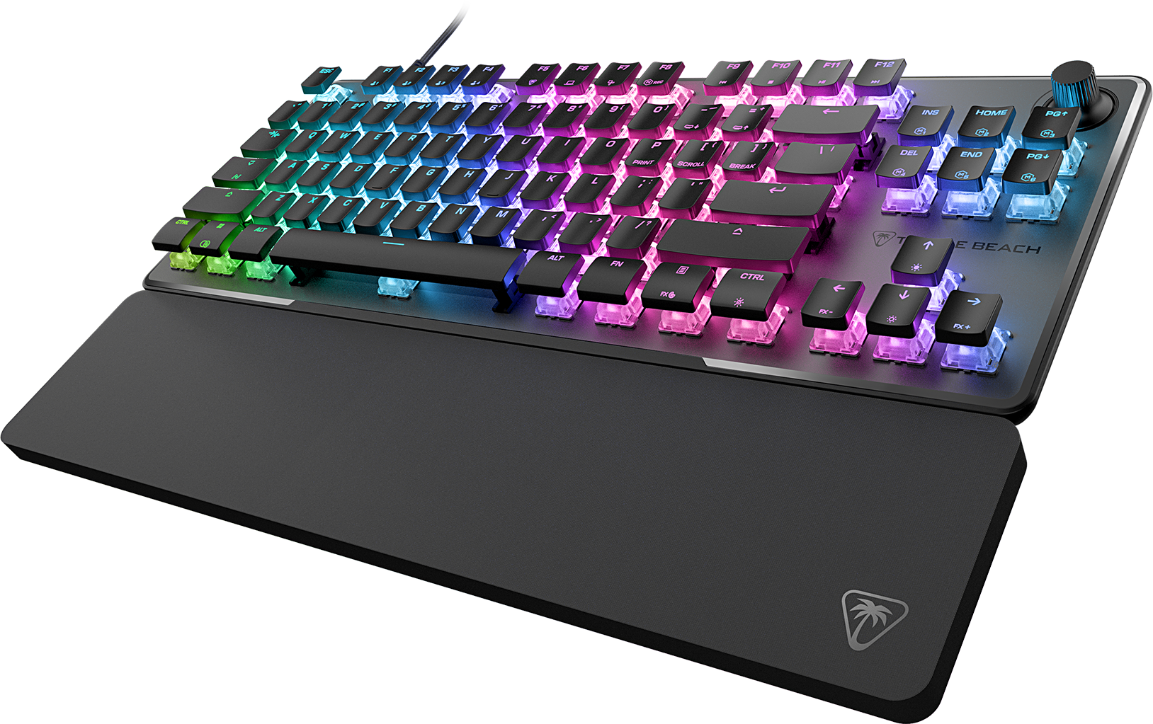 Gaming-Tastatur mit Regenbogen-LED-Leuchten und Handballenauflage, schwarze Tasten.