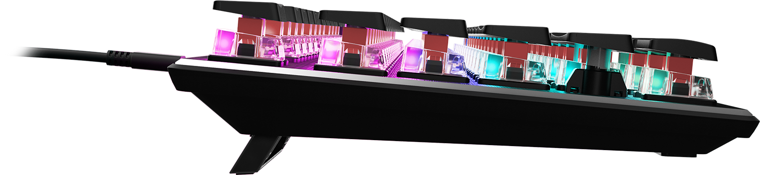 Schwarze mechanische Tastatur mit sichtbaren roten und violetten Schaltern, hellen Lichtern und schwarzem Hintergrund.