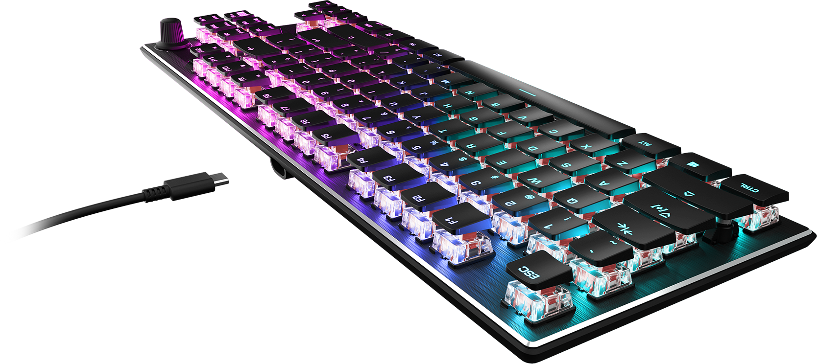 Eine hintergrundbeleuchtete mechanische Tastatur mit transparenten Tastenkappen und einem USB-C-Kabel.
