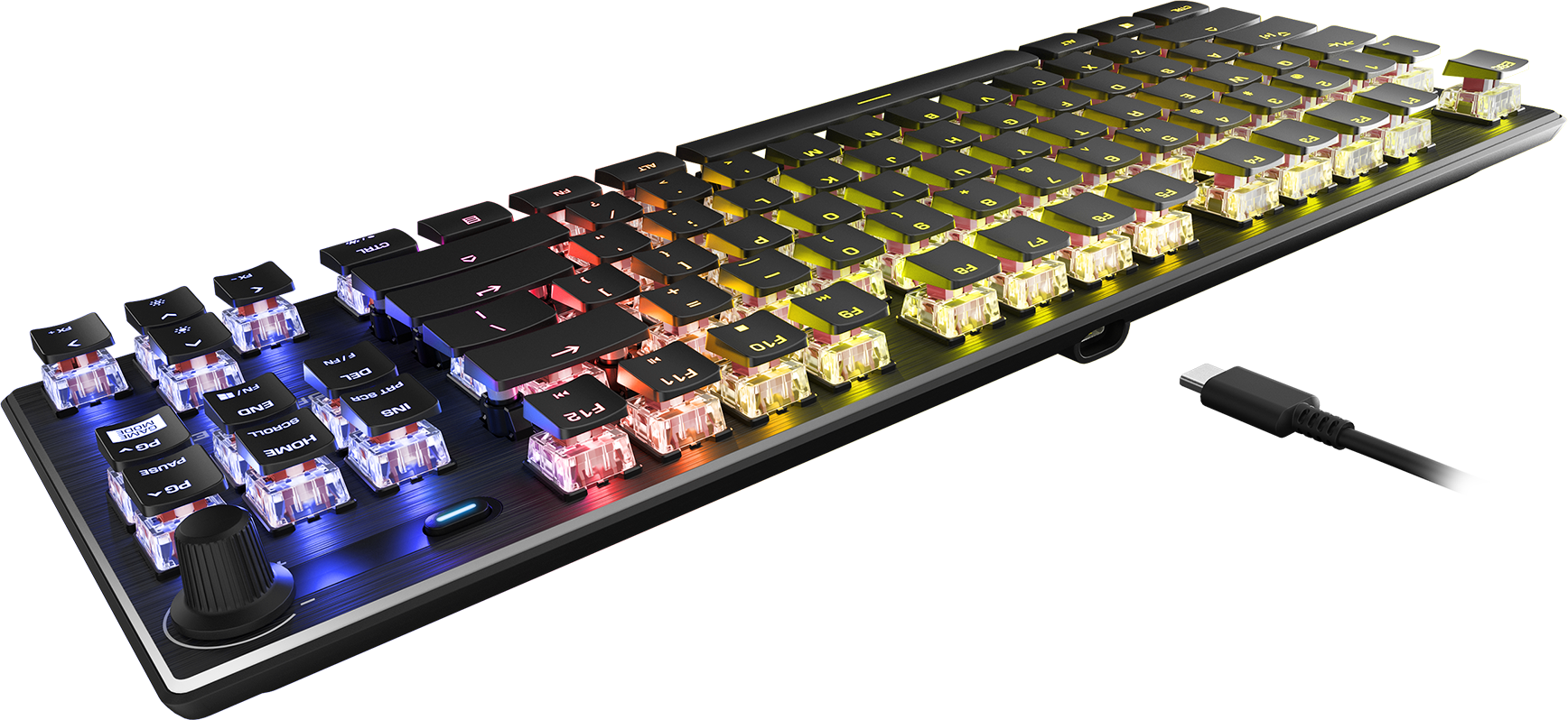 Nahaufnahme einer farbenfrohen, hintergrundbeleuchteten Tastatur mit Lautstärkeregler und USB-C-Kabel.