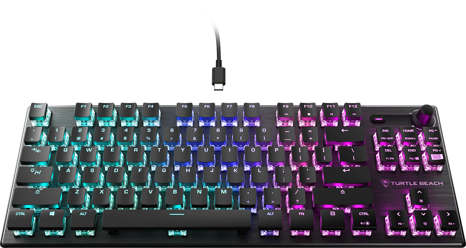 Schwarze mechanische Tastatur mit RGB-Beleuchtung. Ein USB-C-Kabel ist angeschlossen.