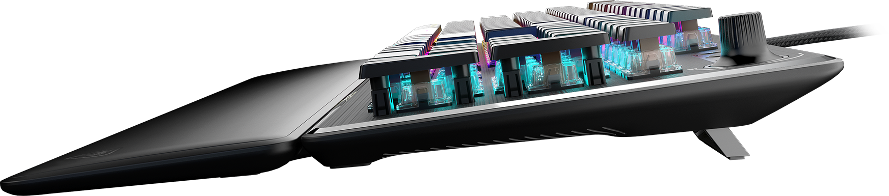 Eine Tastatur mit sichtbaren mechanischen Schaltern, die ihre internen Komponenten und Beleuchtung zeigen.