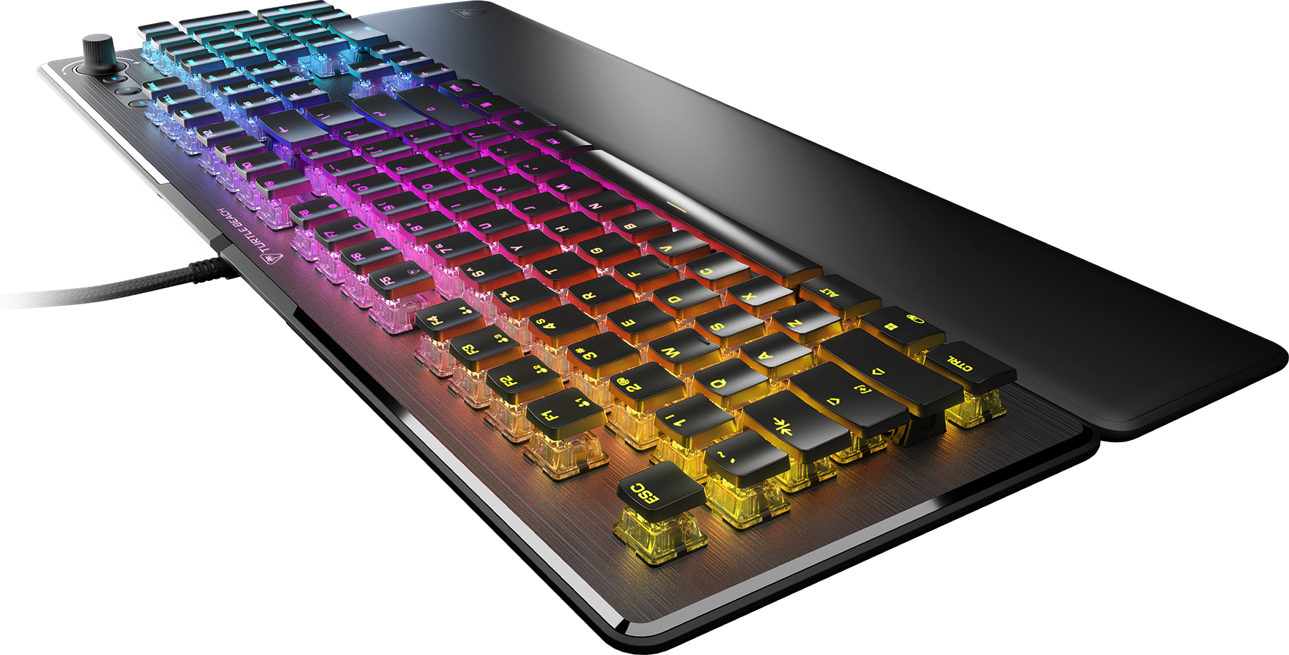 Eine Gaming-Tastatur mit farbig beleuchteten Tasten und einem Lautstärkerad.