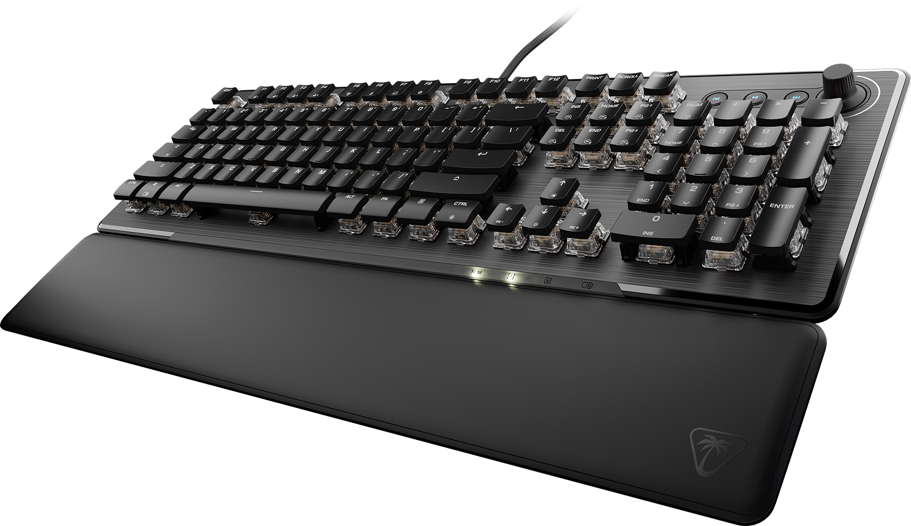 Eine schwarze Tastatur mit transparenten Tasten und Handgelenkauflage. Die Tasten sind beleuchtet.