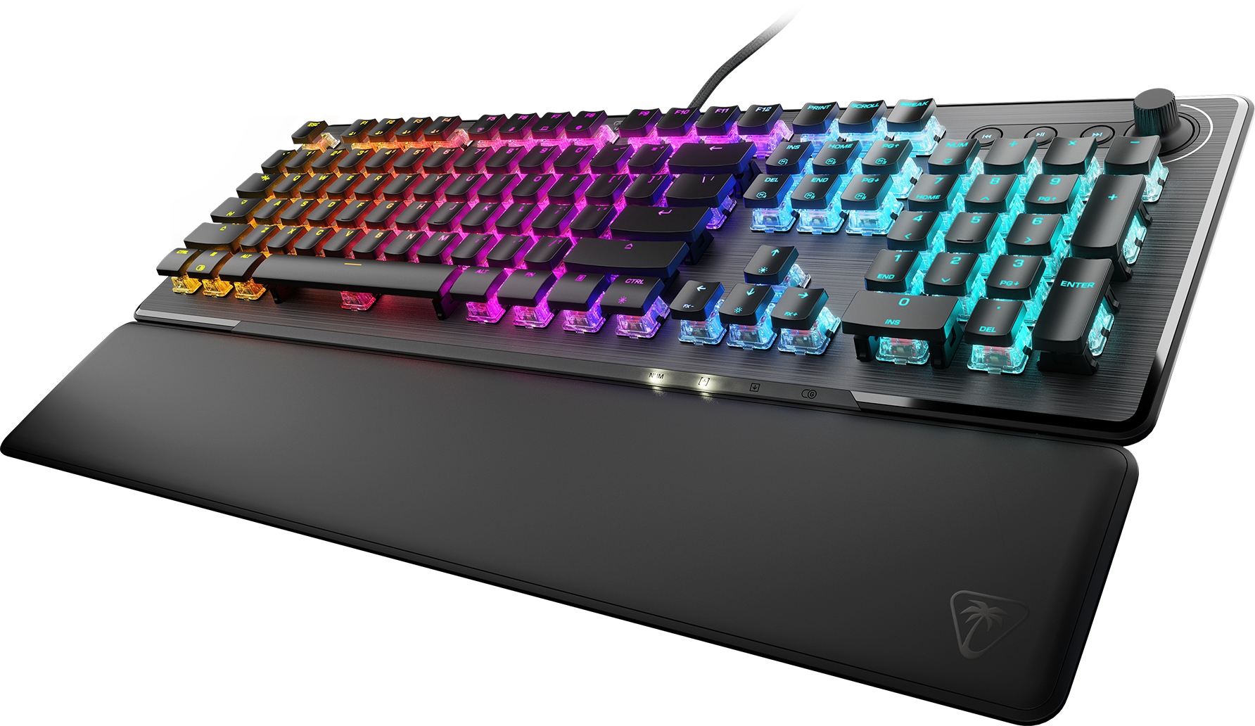 Eine mechanische Tastatur mit Hintergrundbeleuchtung und Handgelenkauflage. Die Tasten zeigen verschiedene Farben. Palmenlogo auf der Handballenauflage.