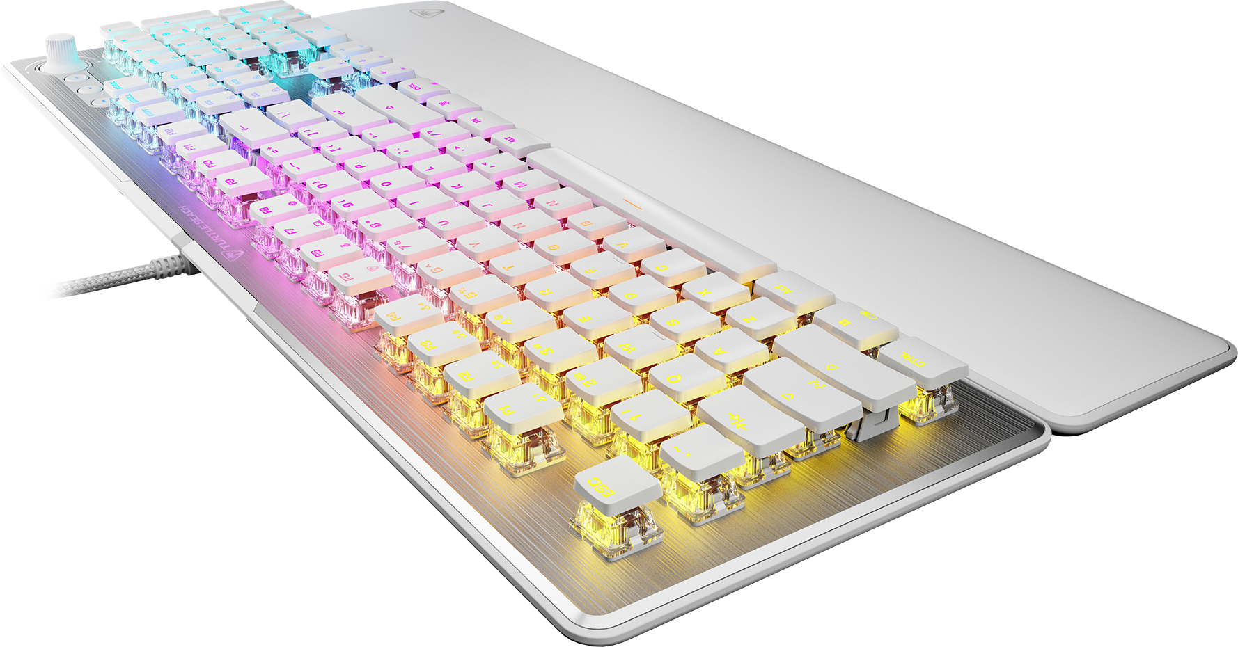 Weiße mechanische Tastatur mit bunten beleuchteten Tasten.