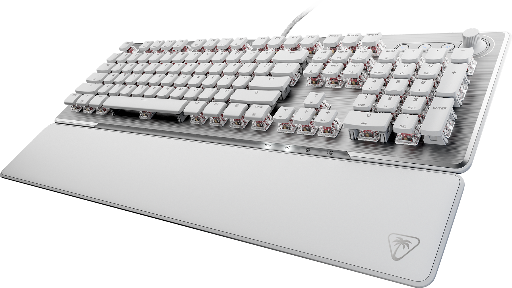 Weiße mechanische Tastatur mit transparenten Keycaps. Handauflage enthalten, und eine weiße Oberfläche.
