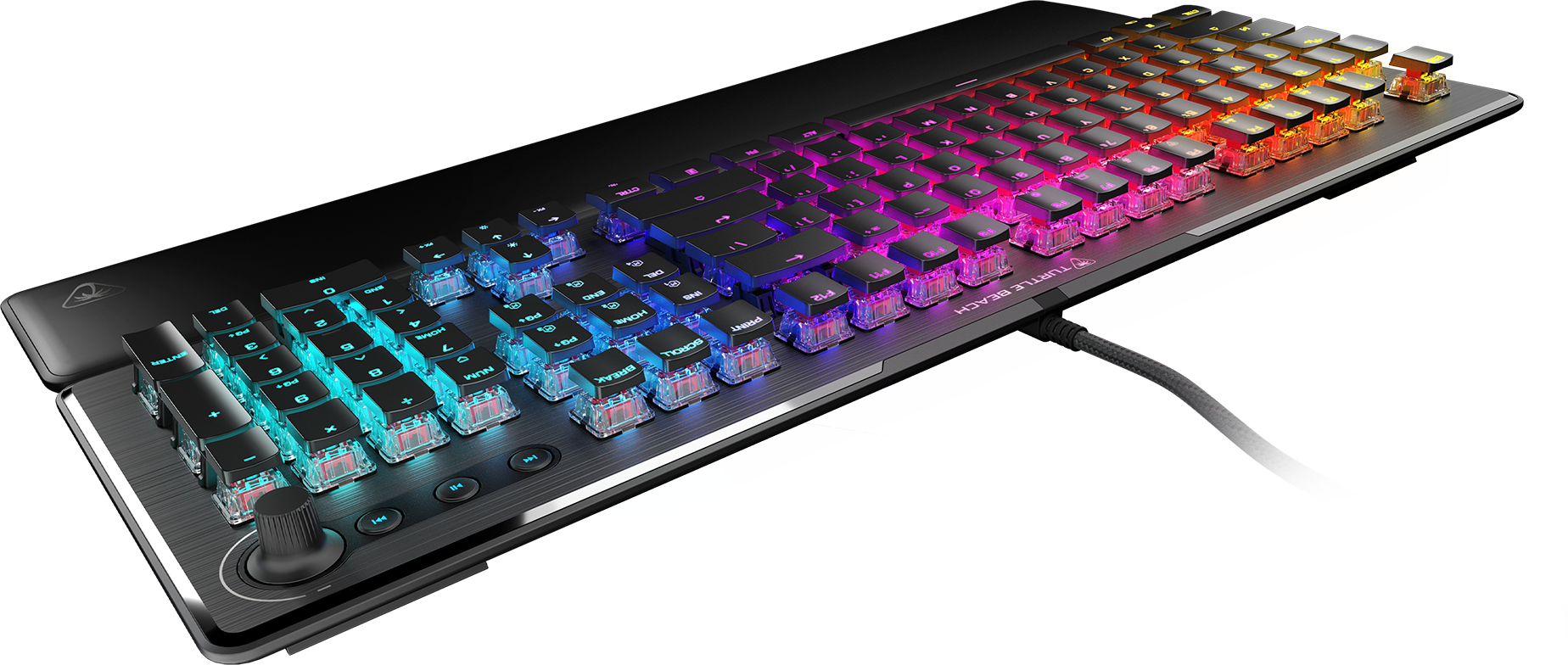 Schwarze Gaming-Tastatur mit beleuchteten Tasten, bunten Lichtern und Lautstärkeregler.