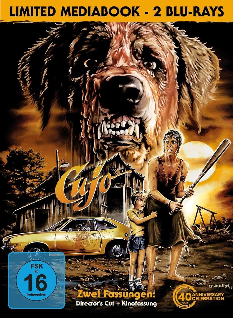Filmcover: Hund mit blutigem Gesicht, Frau und Kind. Titel 'Cujo'.
