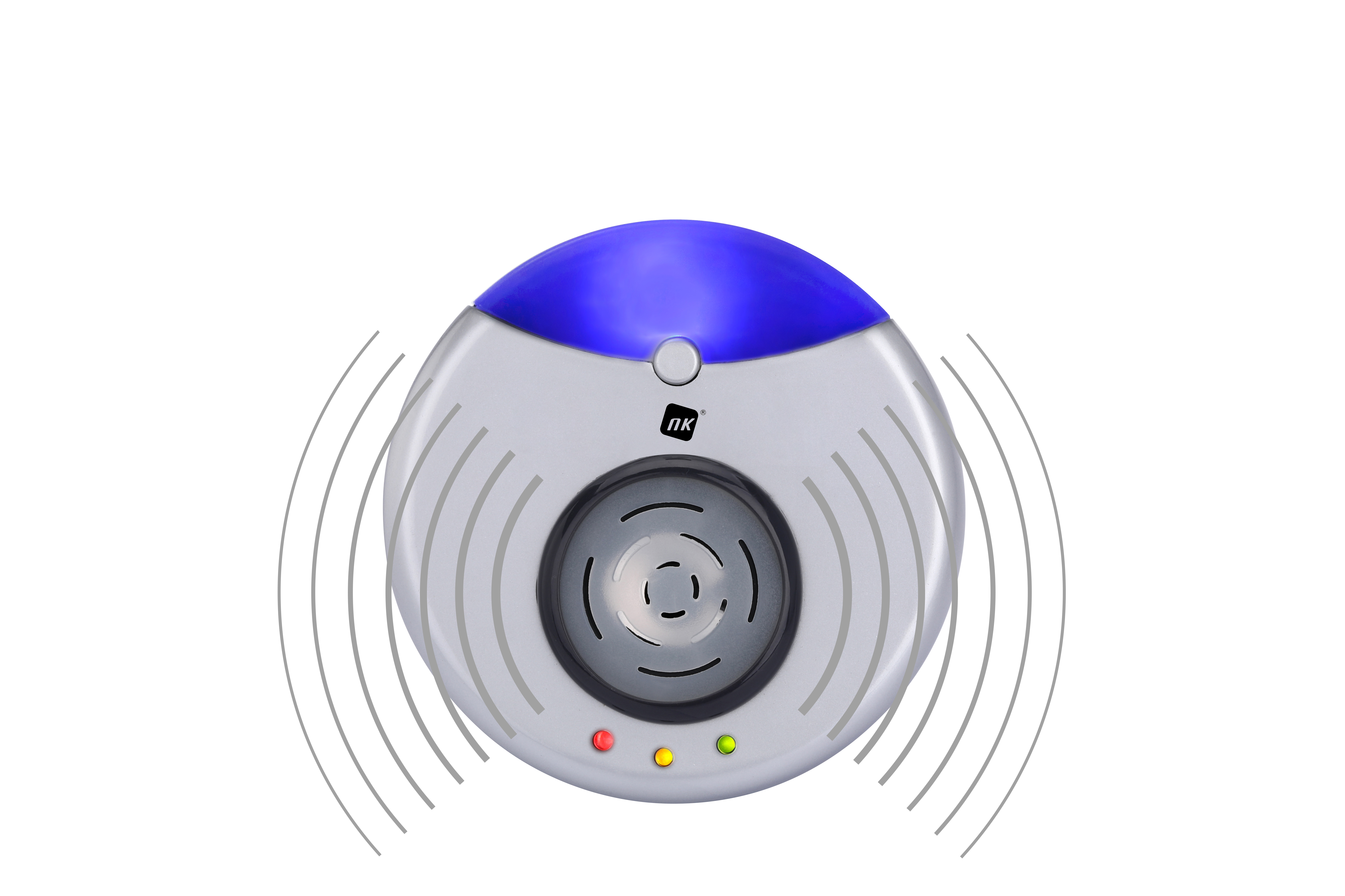 Dispositivo redondo con tapa azul, etiquetado 'nk', con ondas de sonido.