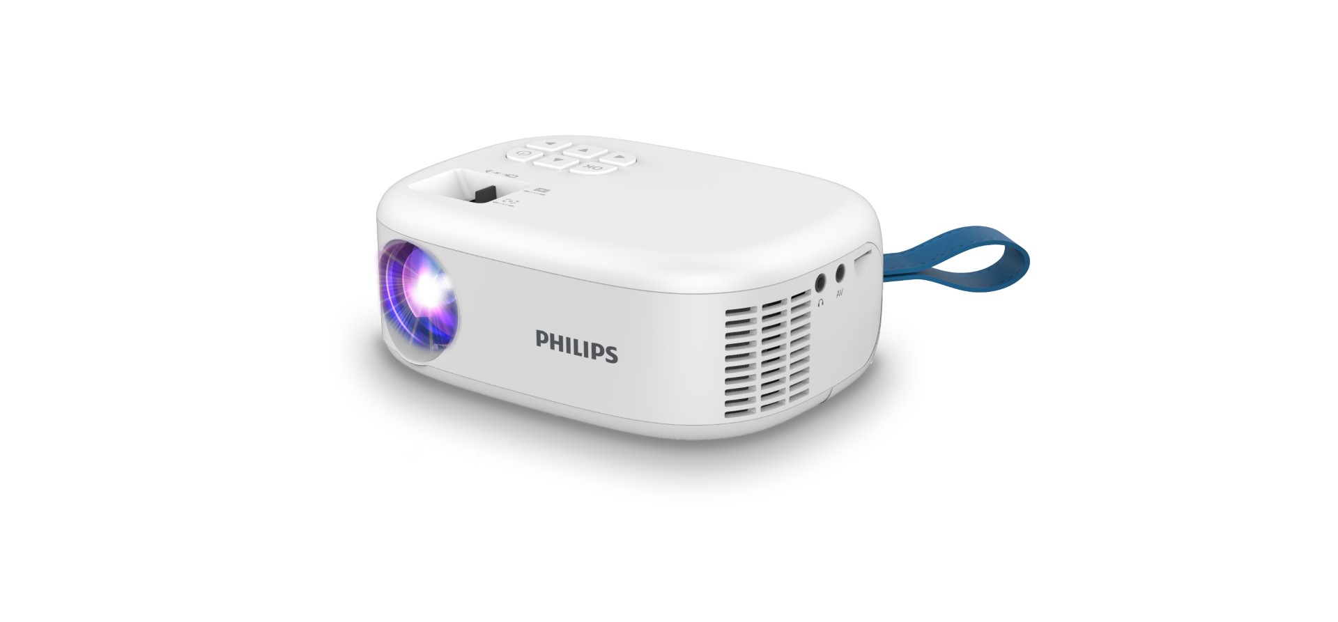 Proyector Philips blanco con correa azul. Logotipo visible. Aislado sobre fondo blanco.