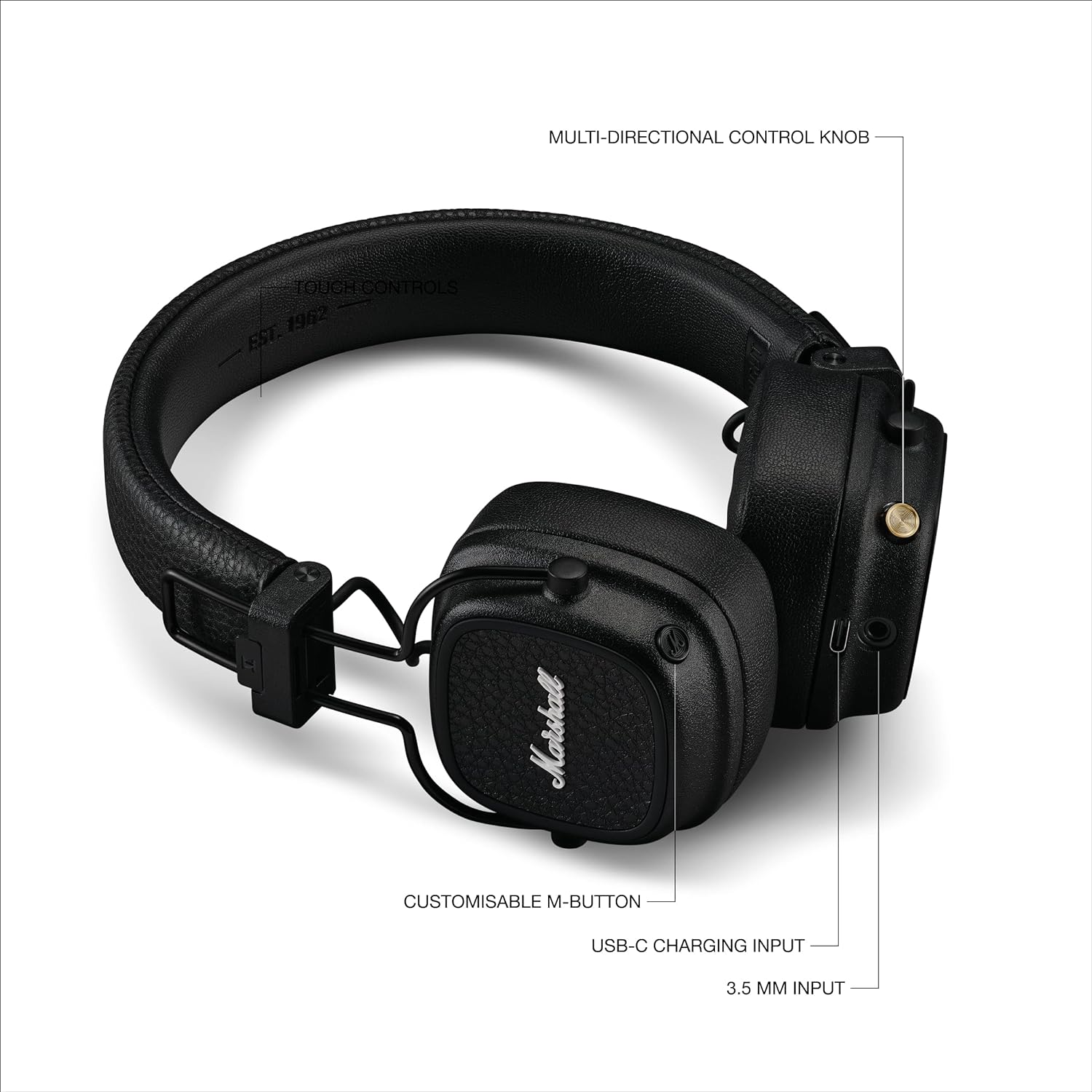 Auriculares Marshall negros, resaltando características con etiquetas sobre fondo blanco.
