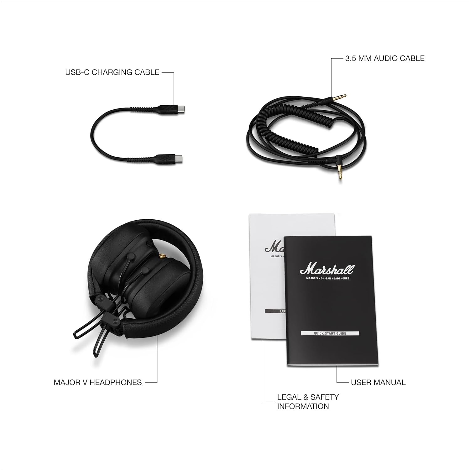 Auriculares negros, cable de carga, cable de audio, manual del usuario e información legal.