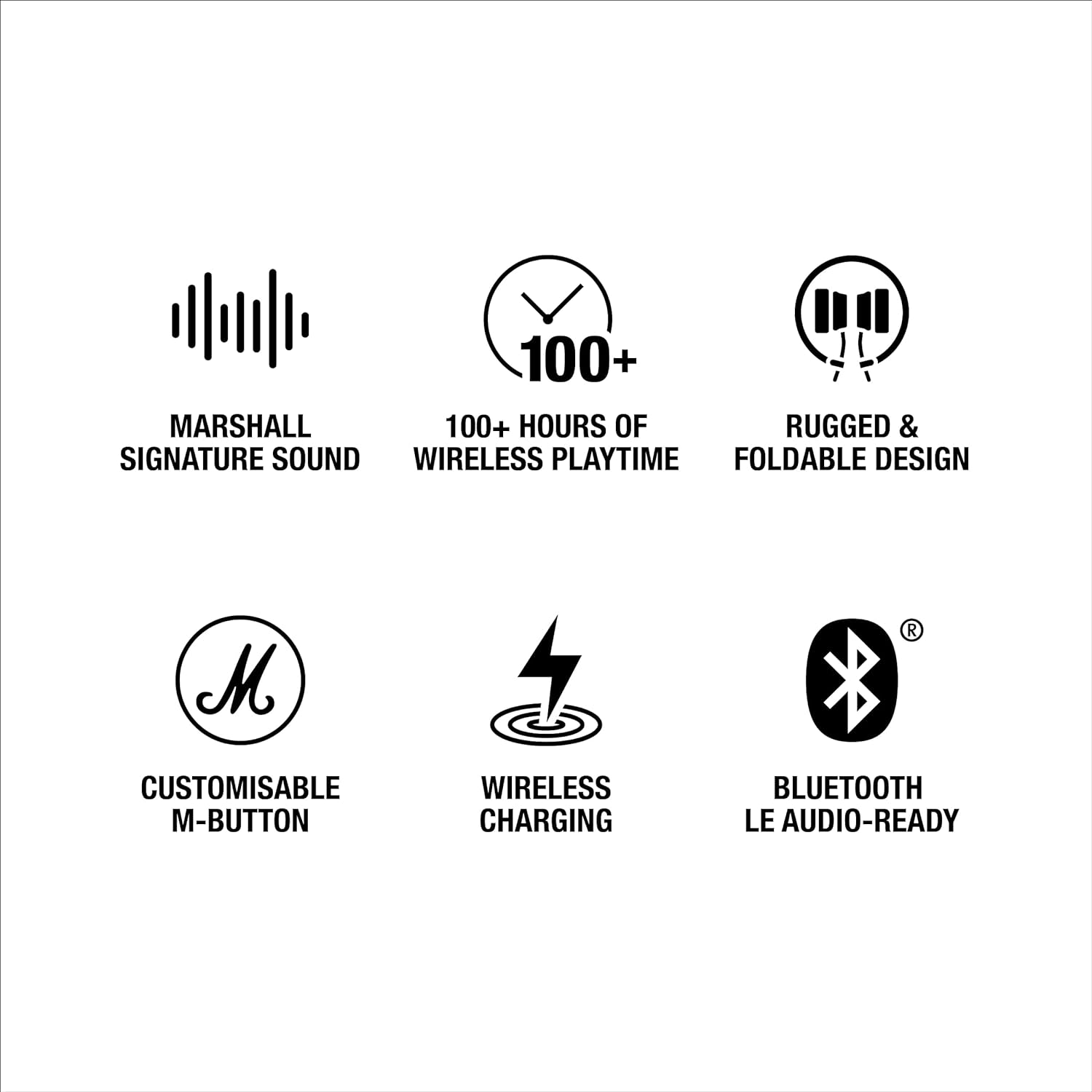 Seis iconos en blanco y negro con texto: sonido Marshall, 100+ horas de juego, diseño resistente, botón M.