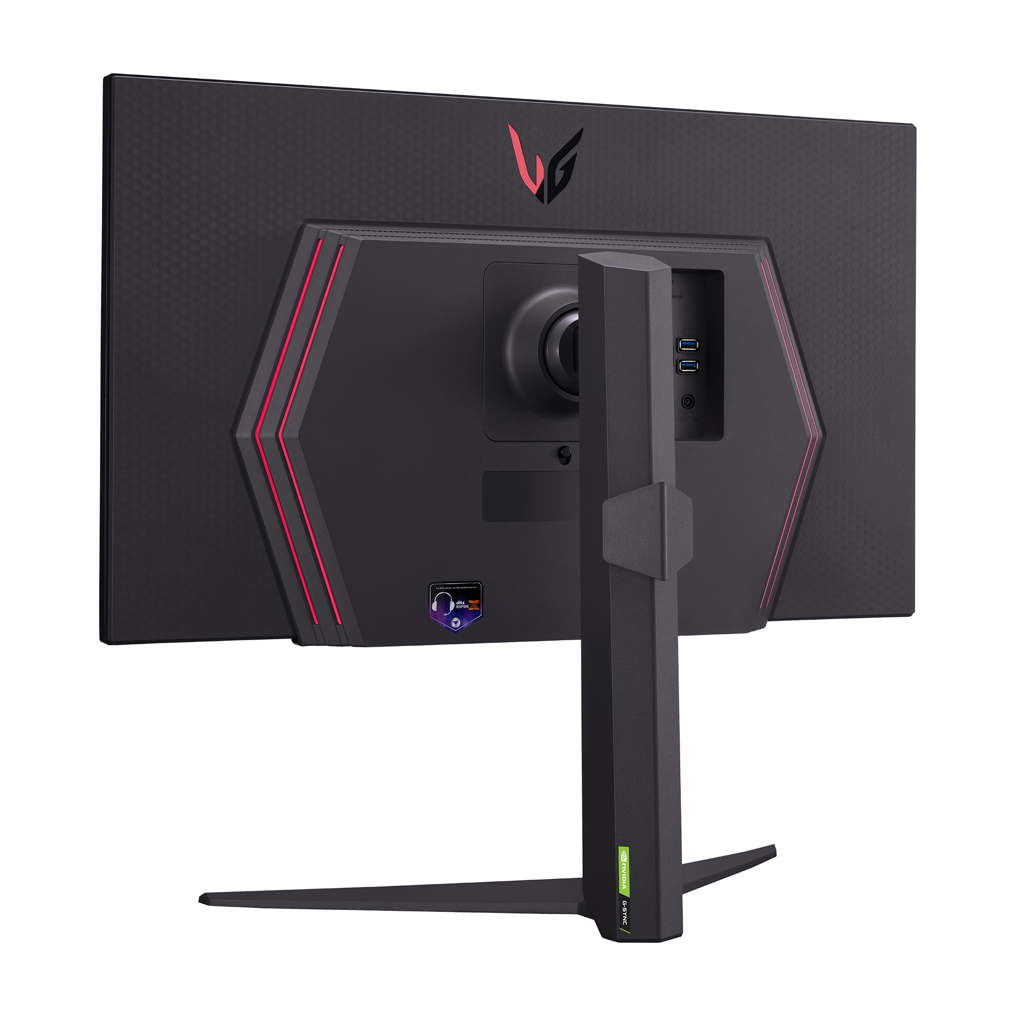 Parte trasera del monitor negro con detalles rojos. Incluye puertos y el logotipo de la marca. Soporte gris oscuro.
