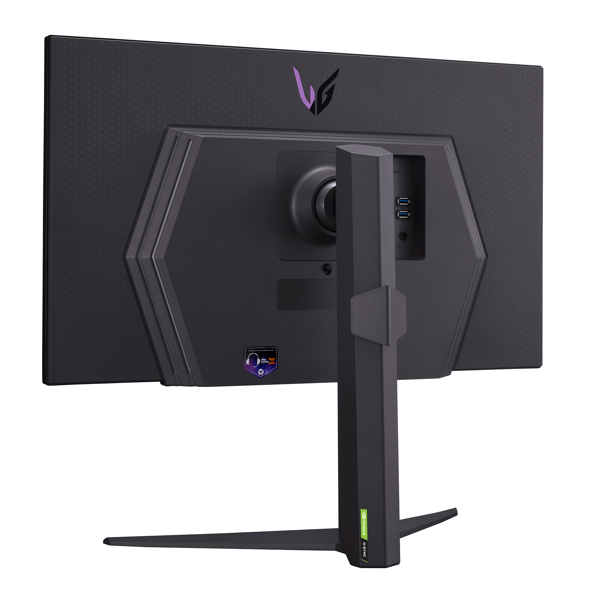 Vista trasera de un monitor negro con soporte. Tiene el logotipo de LG y puertos.