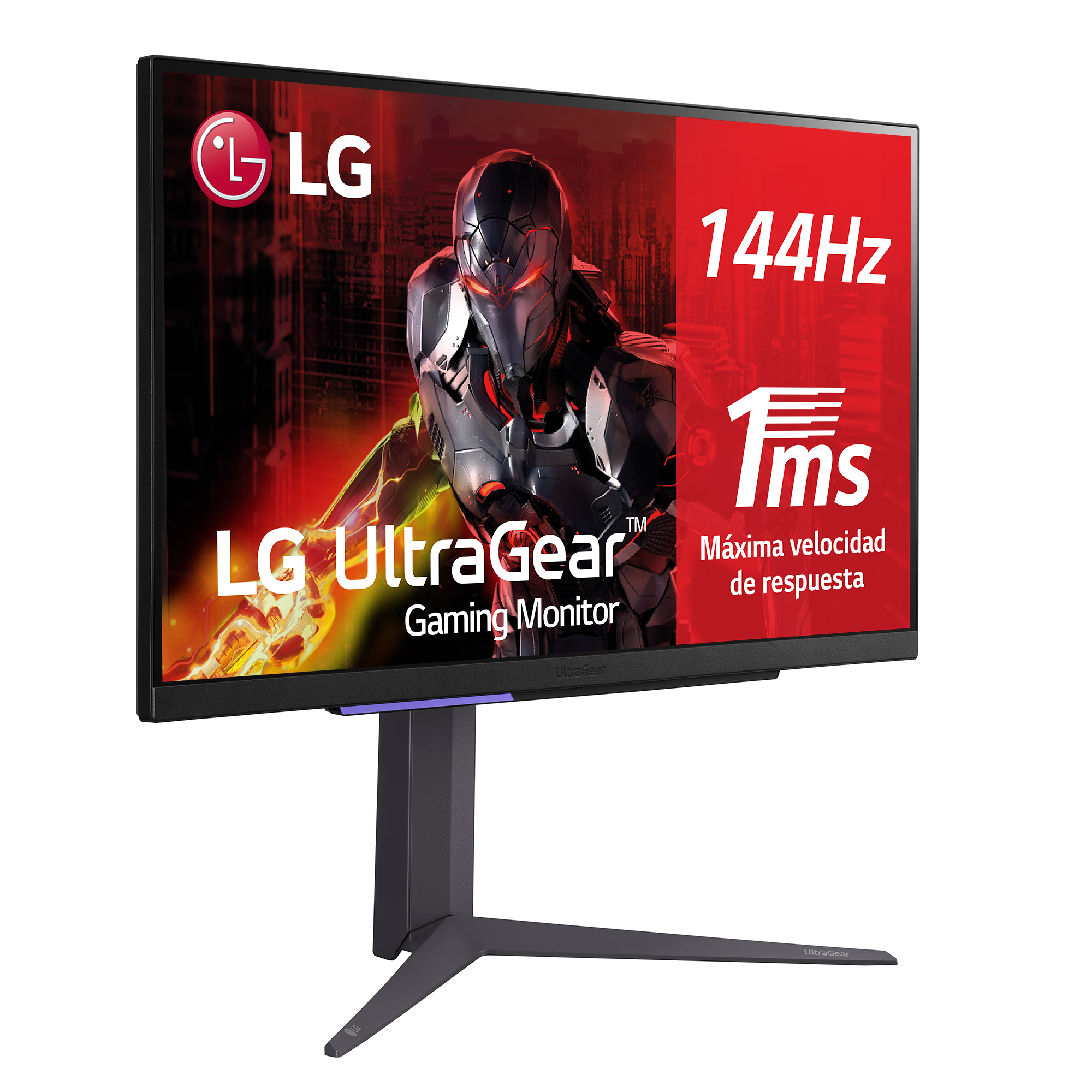 Un monitor gaming LG UltraGear que muestra una escena de juego, 144Hz y 1ms de tiempo de respuesta.